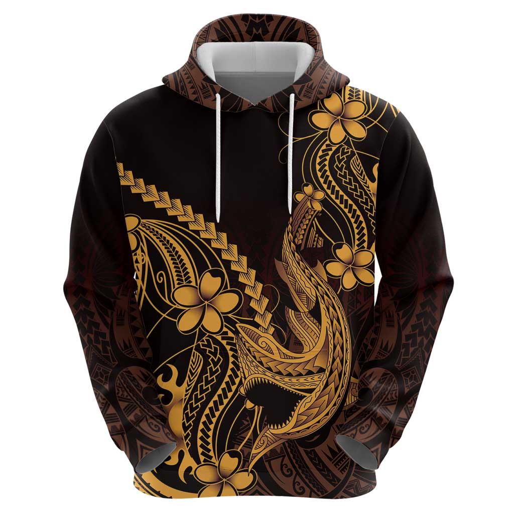 Gold Black Aloha Hawaii Hoodie Polynesian Shark Tattoo With Plumeria - Polynesian Pride