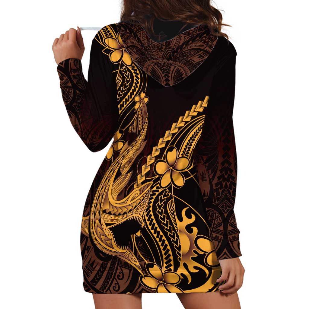 Gold Black Aloha Hawaii Hoodie Dress Polynesian Shark Tattoo With Plumeria - Polynesian Pride
