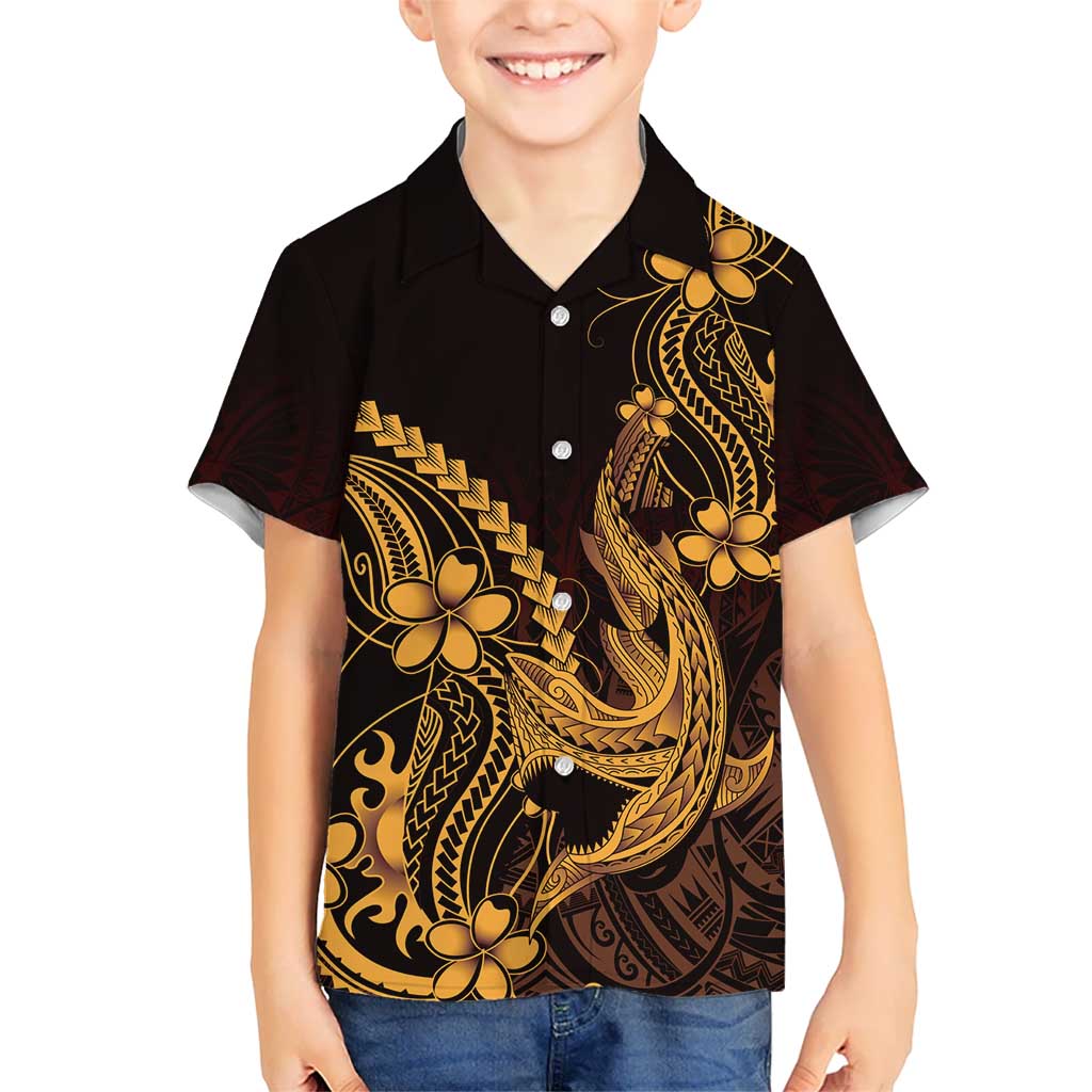 Gold Black Aloha Hawaii Kid Hawaiian Shirt Polynesian Shark Tattoo With Plumeria LT14 Kid Gold - Polynesian Pride