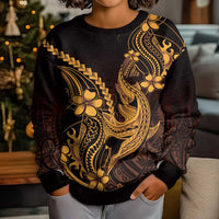 Gold Black Aloha Hawaii Kid Ugly Christmas Sweater Polynesian Shark Tattoo With Plumeria - Polynesian Pride