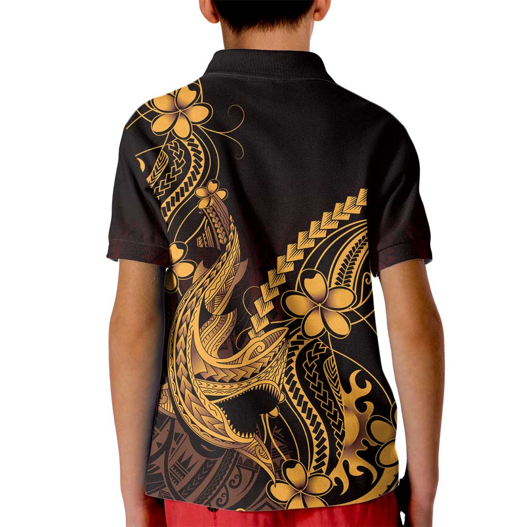 Gold Black Aloha Hawaii Kid Polo Shirt Polynesian Shark Tattoo With Plumeria - Polynesian Pride