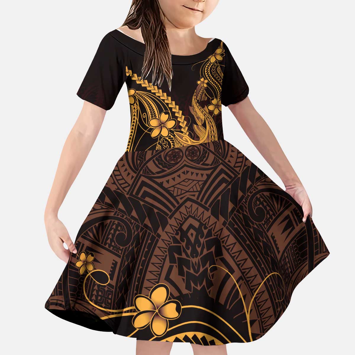 Gold Black Aloha Hawaii Kid Short Sleeve Dress Polynesian Shark Tattoo With Plumeria - Polynesian Pride