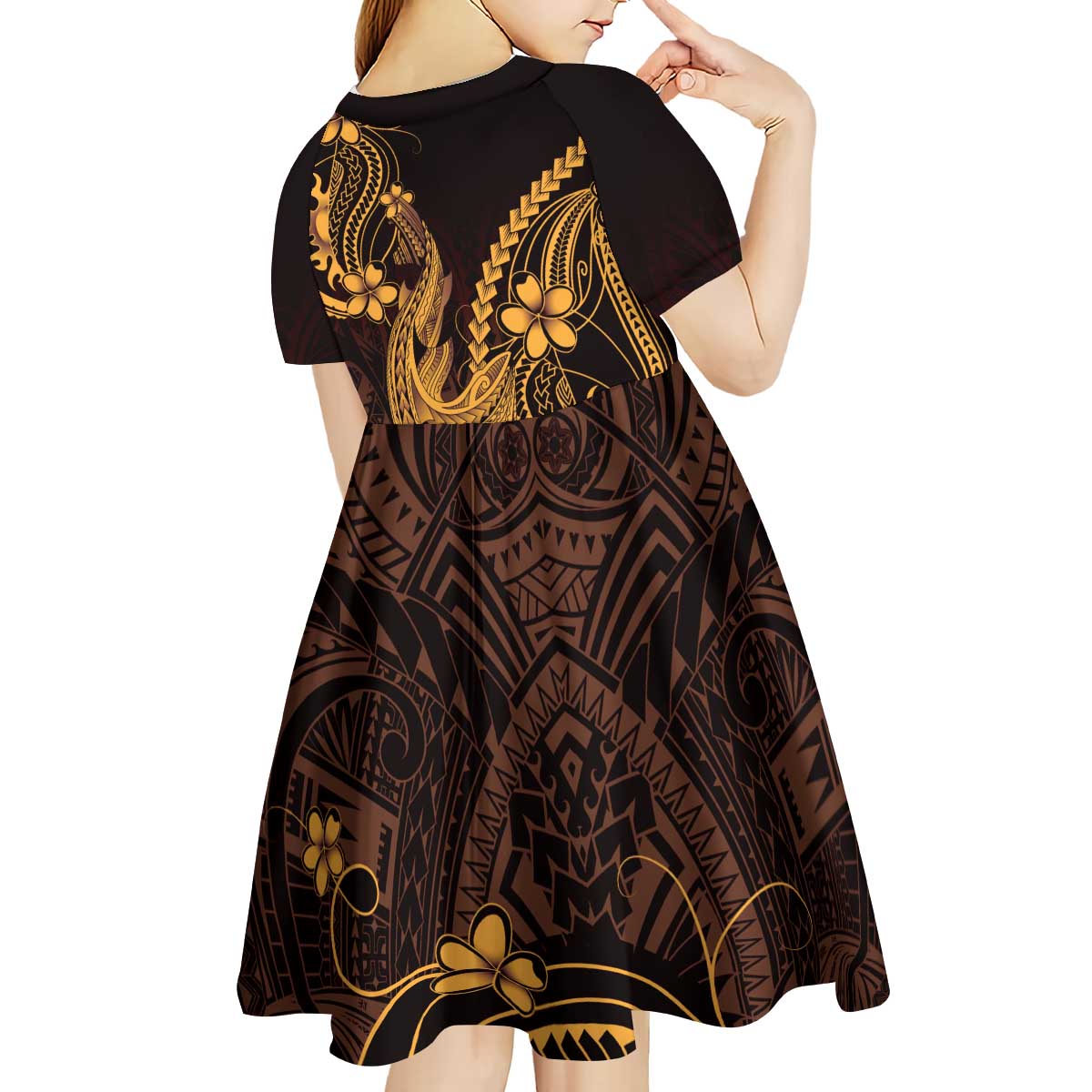 Gold Black Aloha Hawaii Kid Short Sleeve Dress Polynesian Shark Tattoo With Plumeria - Polynesian Pride