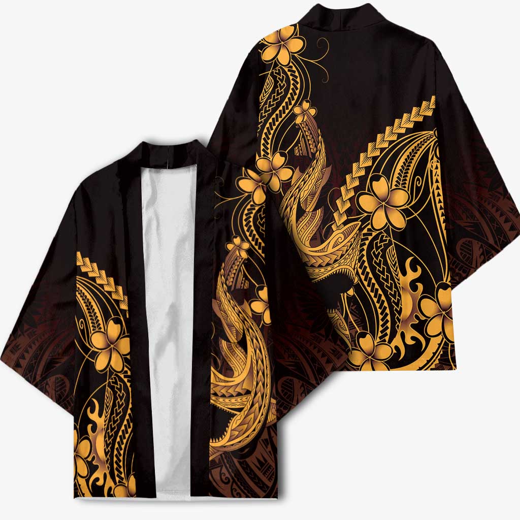 Gold Black Aloha Hawaii Kimono Polynesian Shark Tattoo With Plumeria - Polynesian Pride