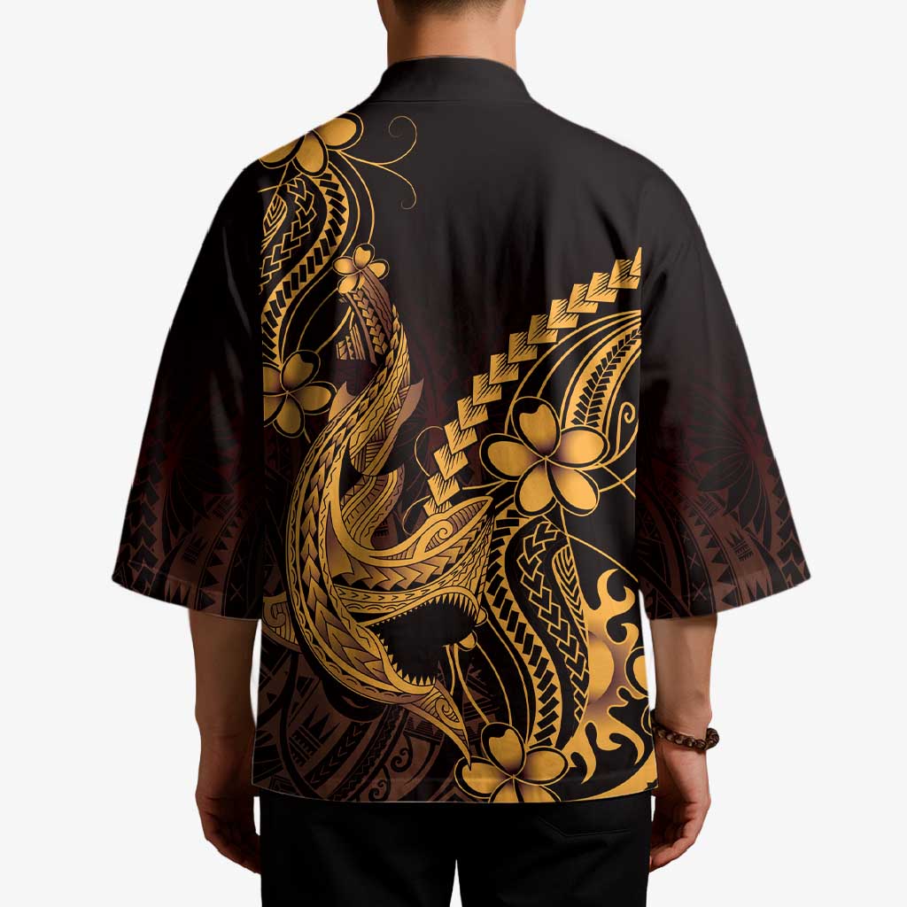 Gold Black Aloha Hawaii Kimono Polynesian Shark Tattoo With Plumeria - Polynesian Pride