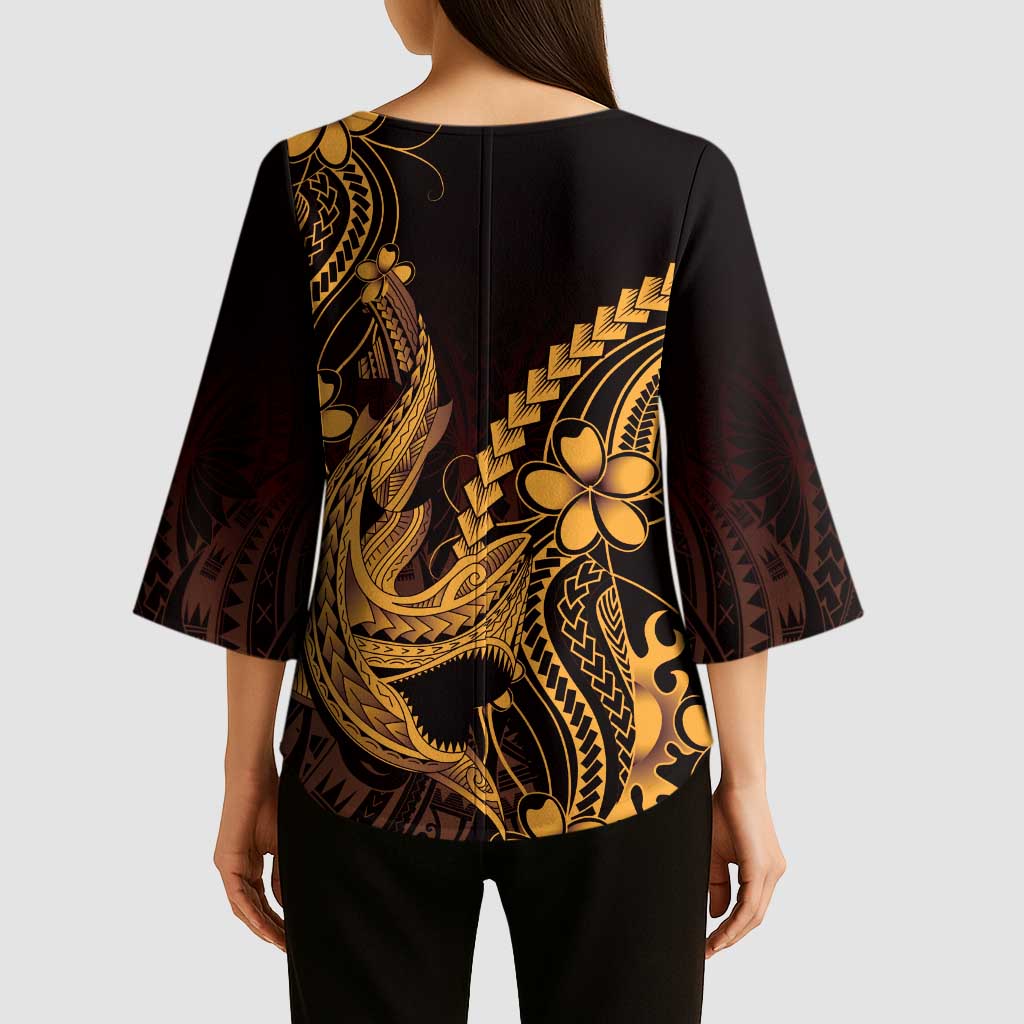 Gold Black Aloha Hawaii Kimono Sleeve Blouse Polynesian Shark Tattoo With Plumeria - Polynesian Pride
