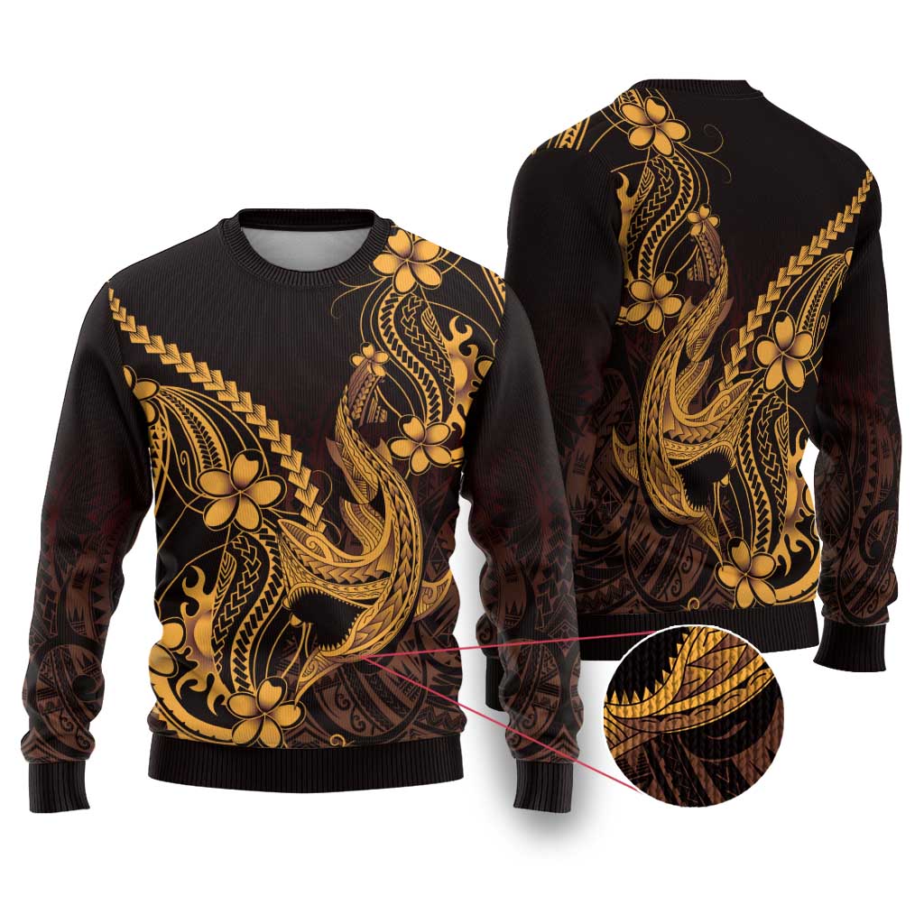 Gold Black Aloha Hawaii Ugly Christmas Sweater Polynesian Shark Tattoo With Plumeria - Polynesian Pride