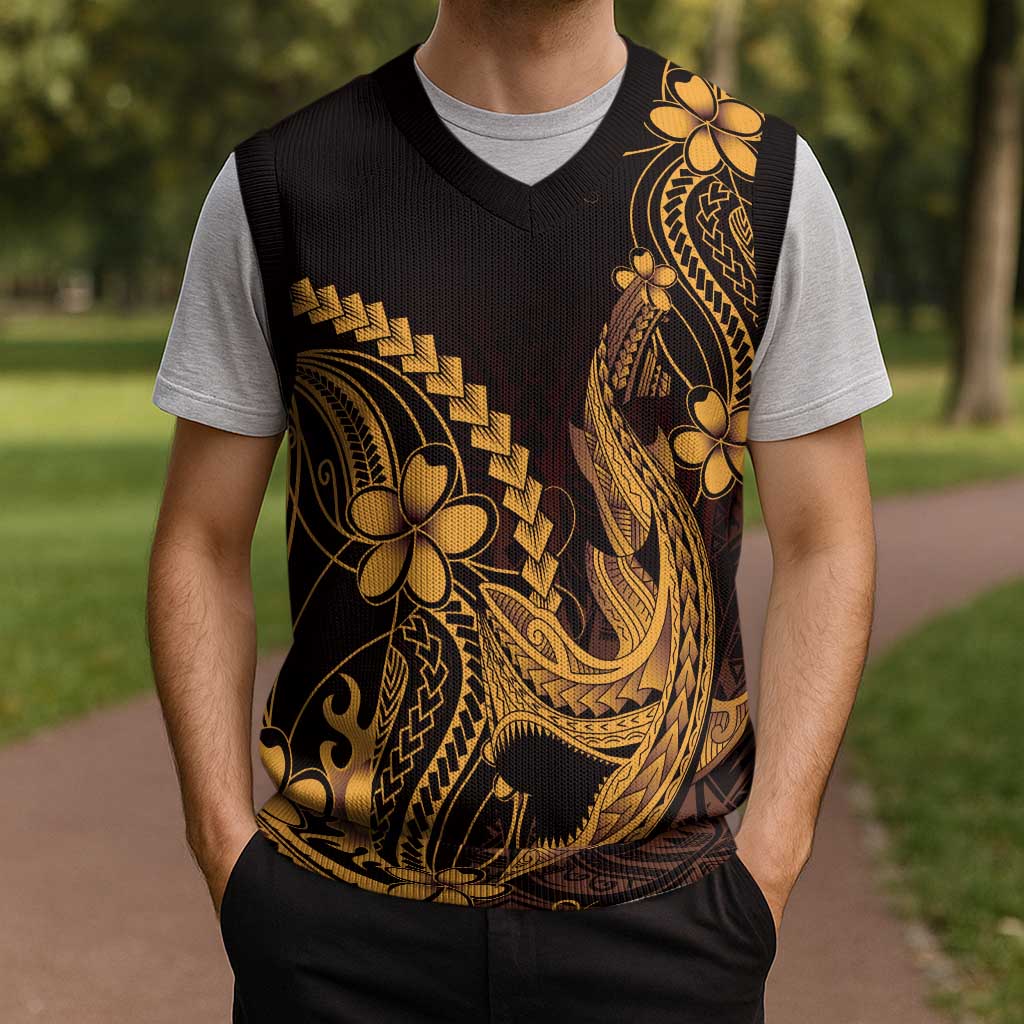 Gold Black Aloha Hawaii Christmas Knitted V-Neck Vest Polynesian Shark Tattoo With Plumeria - Polynesian Pride