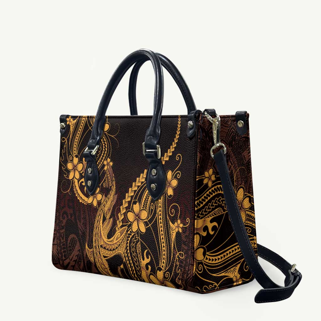 Gold Black Aloha Hawaii Leather Bag Polynesian Shark Tattoo With Plumeria - Polynesian Pride