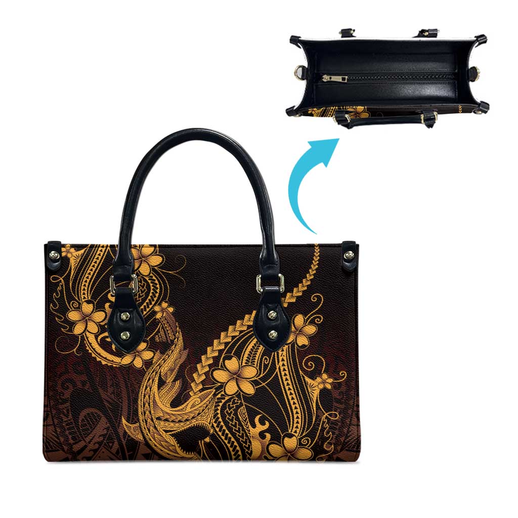 Gold Black Aloha Hawaii Leather Bag Polynesian Shark Tattoo With Plumeria - Polynesian Pride