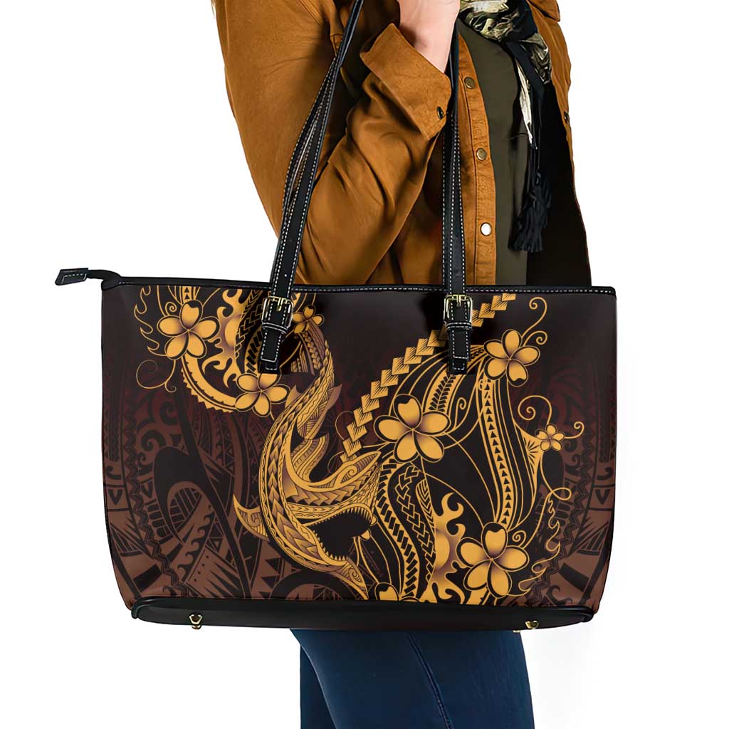 Gold Black Aloha Hawaii Leather Tote Bag Polynesian Shark Tattoo With Plumeria - Polynesian Pride