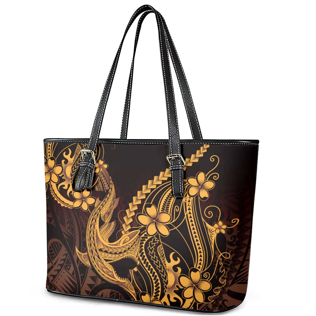 Gold Black Aloha Hawaii Leather Tote Bag Polynesian Shark Tattoo With Plumeria - Polynesian Pride