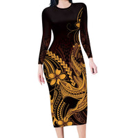 Gold Black Aloha Hawaii Long Sleeve Bodycon Dress Polynesian Shark Tattoo With Plumeria - Polynesian Pride