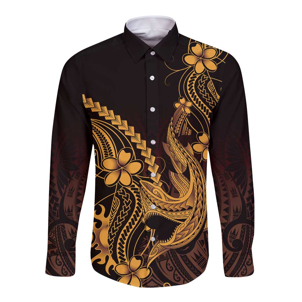 Gold Black Aloha Hawaii Long Sleeve Button Shirt Polynesian Shark Tattoo With Plumeria - Polynesian Pride