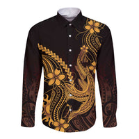 Gold Black Aloha Hawaii Long Sleeve Button Shirt Polynesian Shark Tattoo With Plumeria - Polynesian Pride
