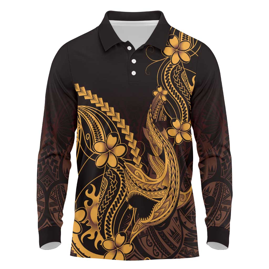 Gold Black Aloha Hawaii Long Sleeve Polo Shirt Polynesian Shark Tattoo With Plumeria - Polynesian Pride