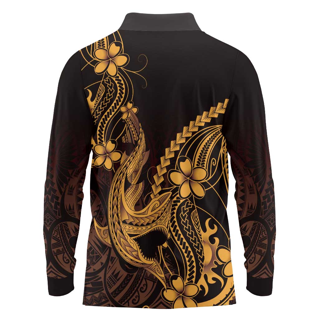 Gold Black Aloha Hawaii Long Sleeve Polo Shirt Polynesian Shark Tattoo With Plumeria - Polynesian Pride