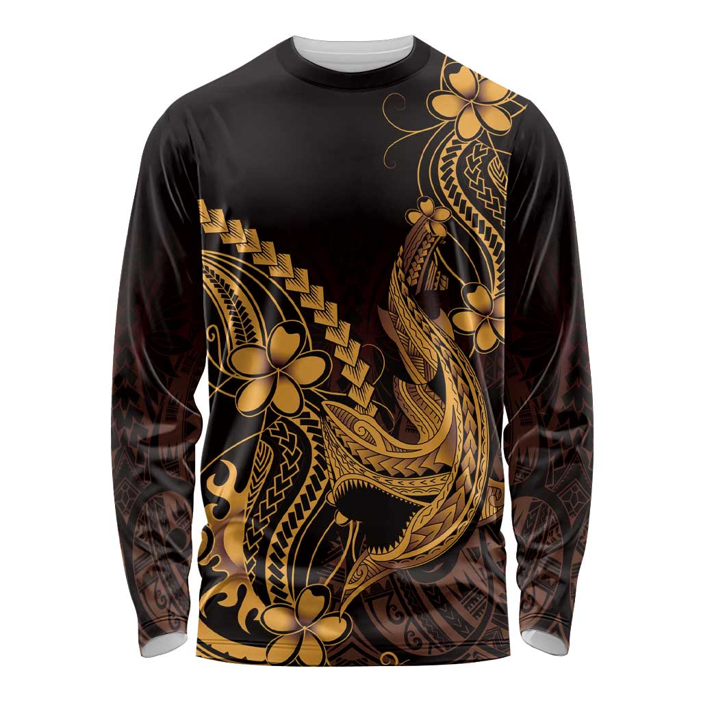 Gold Black Aloha Hawaii Long Sleeve Shirt Polynesian Shark Tattoo With Plumeria - Polynesian Pride