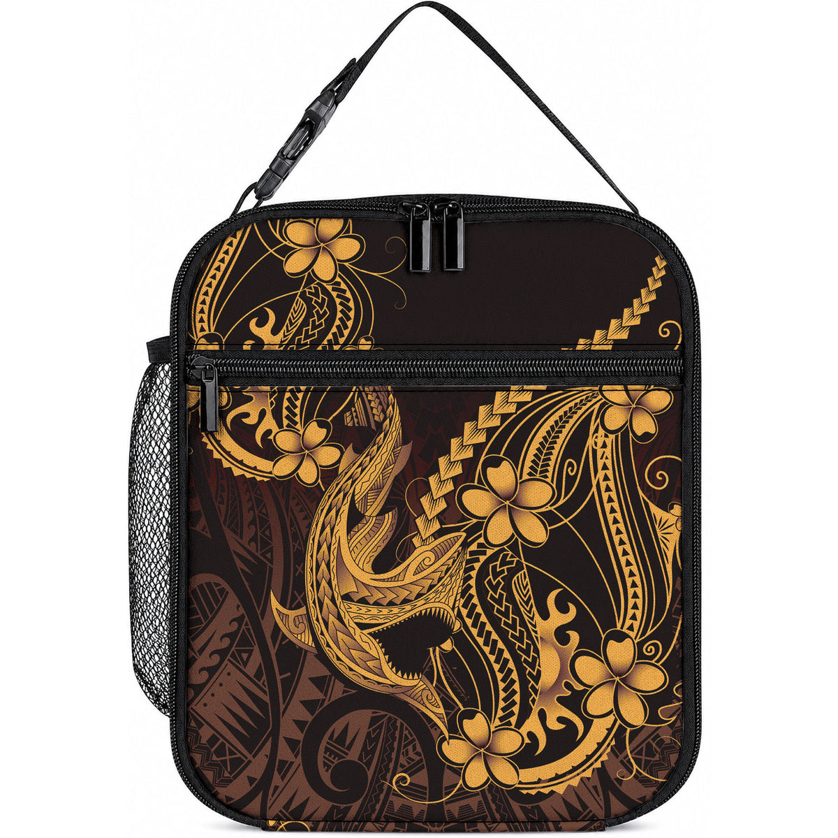 Gold Black Aloha Hawaii Lunch Bag Polynesian Shark Tattoo With Plumeria