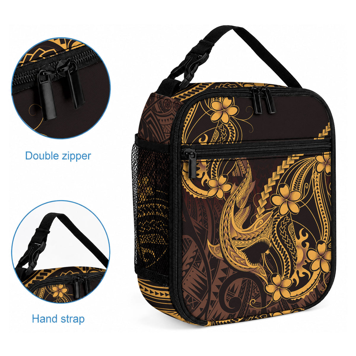 Gold Black Aloha Hawaii Lunch Bag Polynesian Shark Tattoo With Plumeria