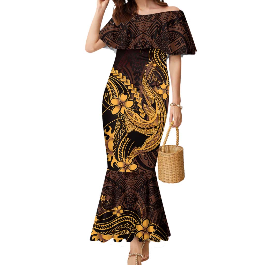 Gold Black Aloha Hawaii Mermaid Dress Polynesian Shark Tattoo With Plumeria - Polynesian Pride