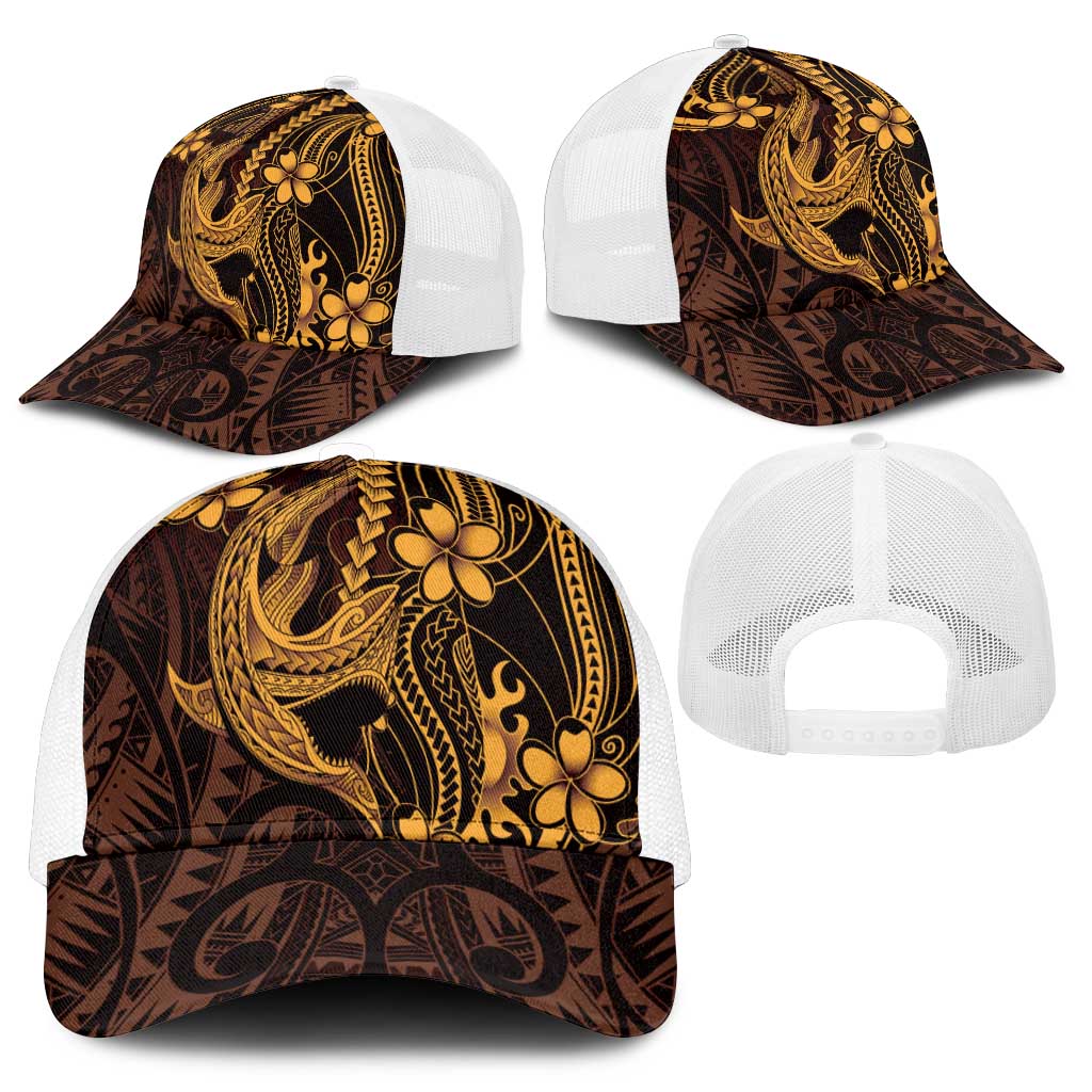 Gold Black Aloha Hawaii Mesh Trucker Cap Polynesian Shark Tattoo With Plumeria - Polynesian Pride