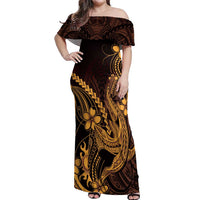 Gold Black Aloha Hawaii Off Shoulder Maxi Dress Polynesian Shark Tattoo With Plumeria - Polynesian Pride