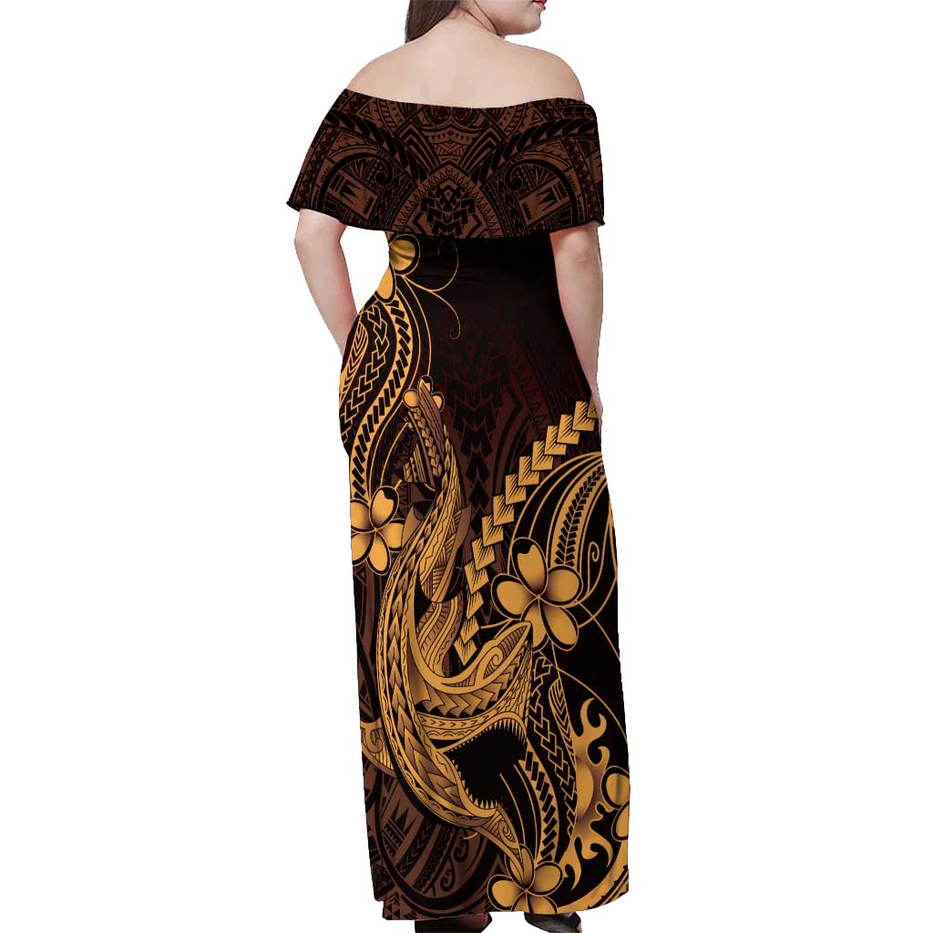 Gold Black Aloha Hawaii Off Shoulder Maxi Dress Polynesian Shark Tattoo With Plumeria - Polynesian Pride