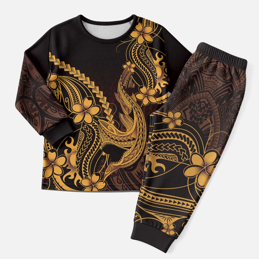 Gold Black Aloha Hawaii Christmas Pajama Set Polynesian Shark Tattoo With Plumeria - Polynesian Pride