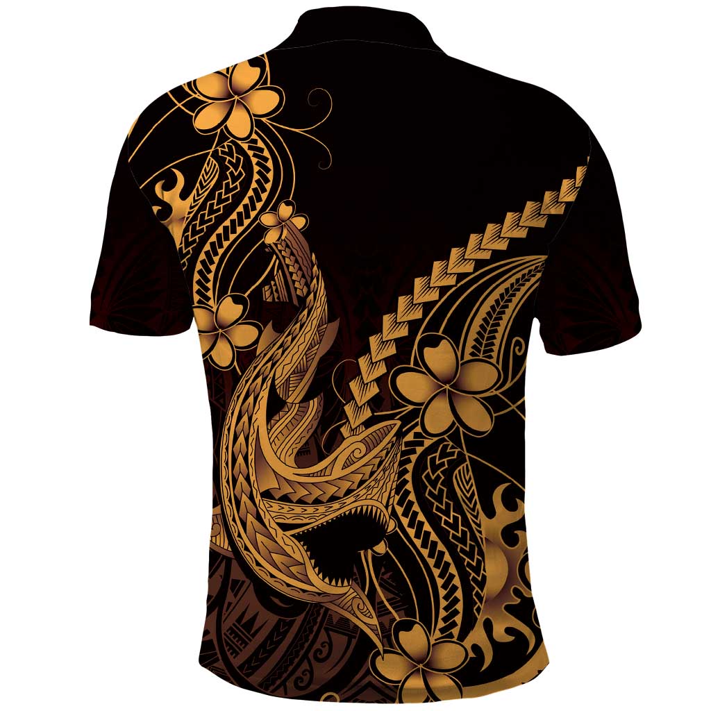 Gold Black Aloha Hawaii Polo Shirt Polynesian Shark Tattoo With Plumeria - Polynesian Pride