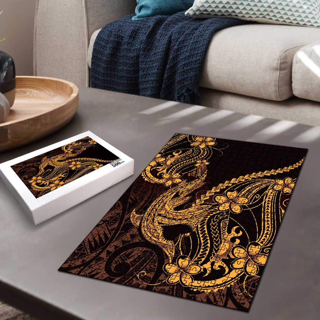 Gold Black Aloha Hawaii Puzzle Polynesian Shark Tattoo With Plumeria - Polynesian Pride