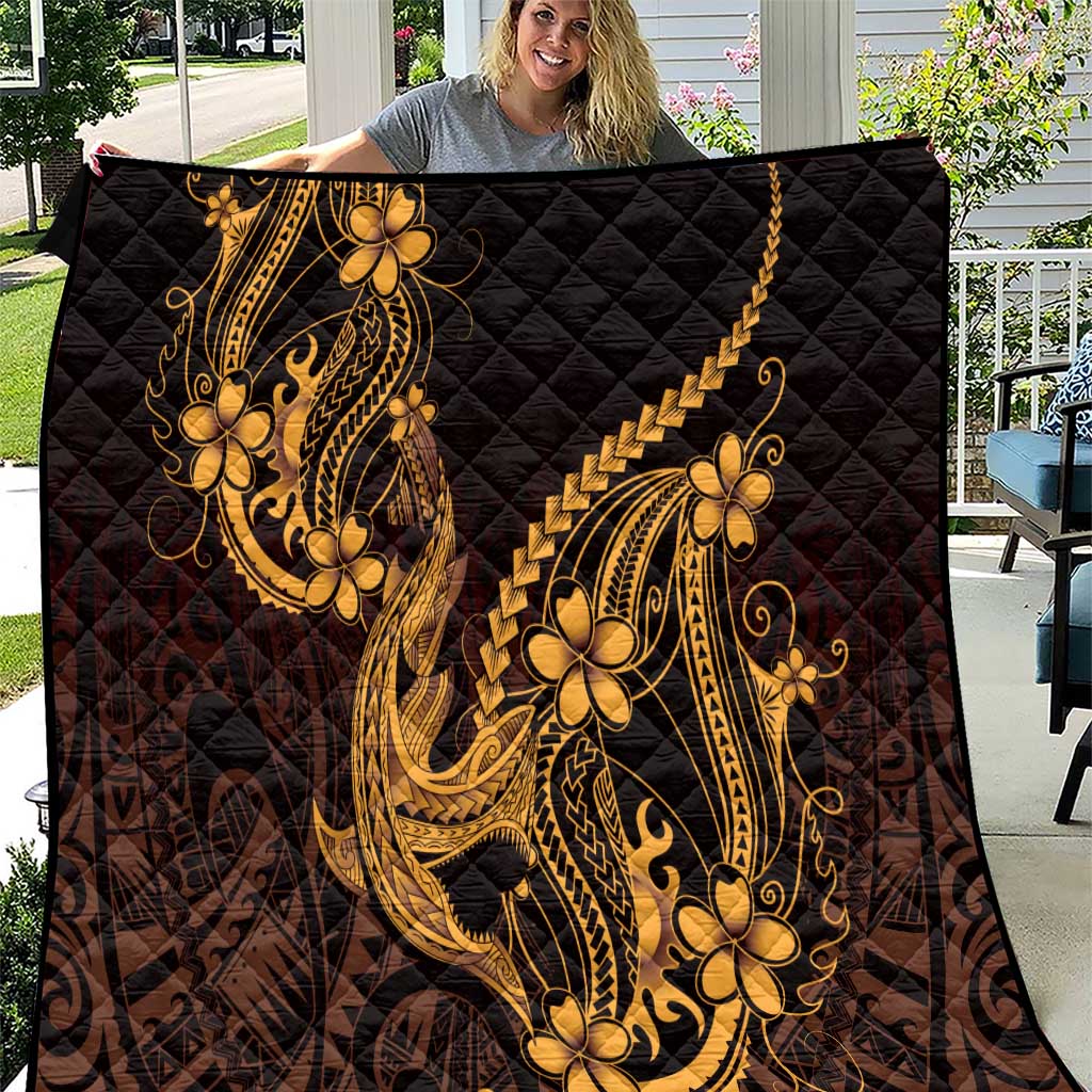 Gold Black Aloha Hawaii Quilt Polynesian Shark Tattoo With Plumeria - Polynesian Pride