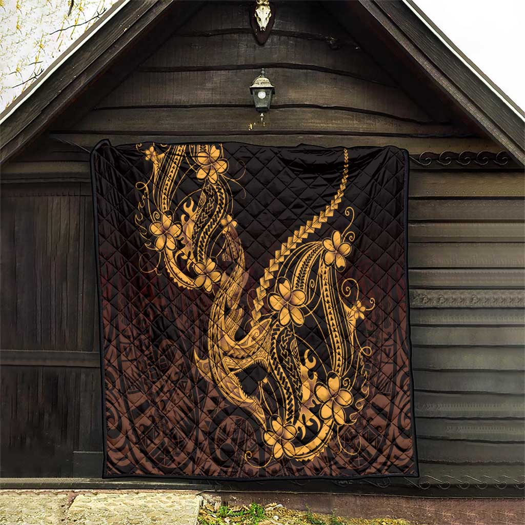 Gold Black Aloha Hawaii Quilt Polynesian Shark Tattoo With Plumeria - Polynesian Pride