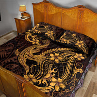 Gold Black Aloha Hawaii Quilt Bed Set Polynesian Shark Tattoo With Plumeria - Polynesian Pride