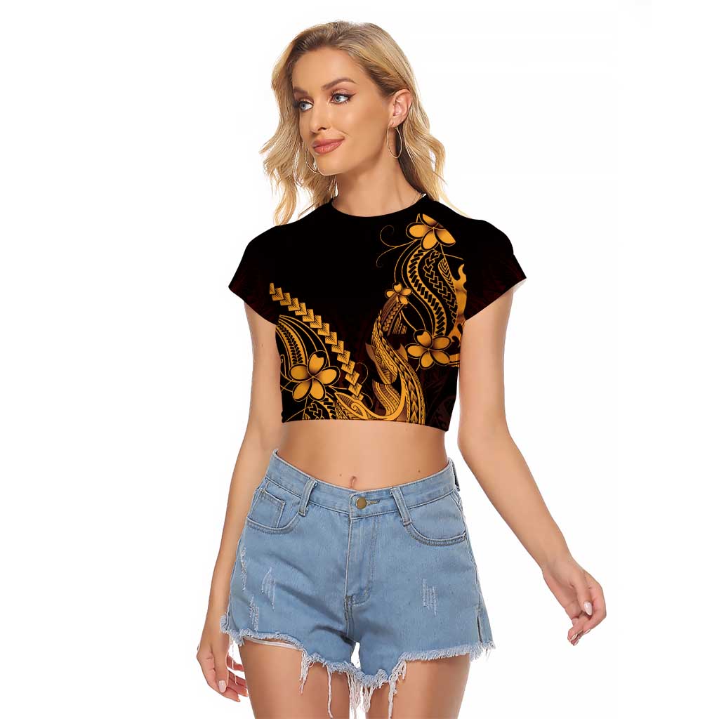 Gold Black Aloha Hawaii Raglan Cropped T Shirt Polynesian Shark Tattoo With Plumeria - Polynesian Pride