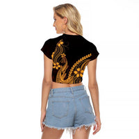 Gold Black Aloha Hawaii Raglan Cropped T Shirt Polynesian Shark Tattoo With Plumeria - Polynesian Pride