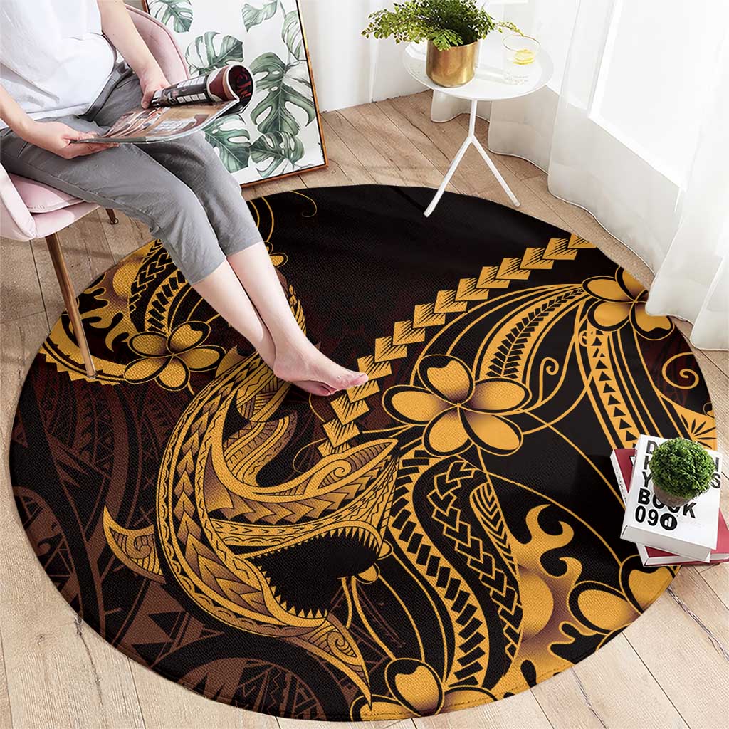 Gold Black Aloha Hawaii Round Carpet Polynesian Shark Tattoo With Plumeria - Polynesian Pride