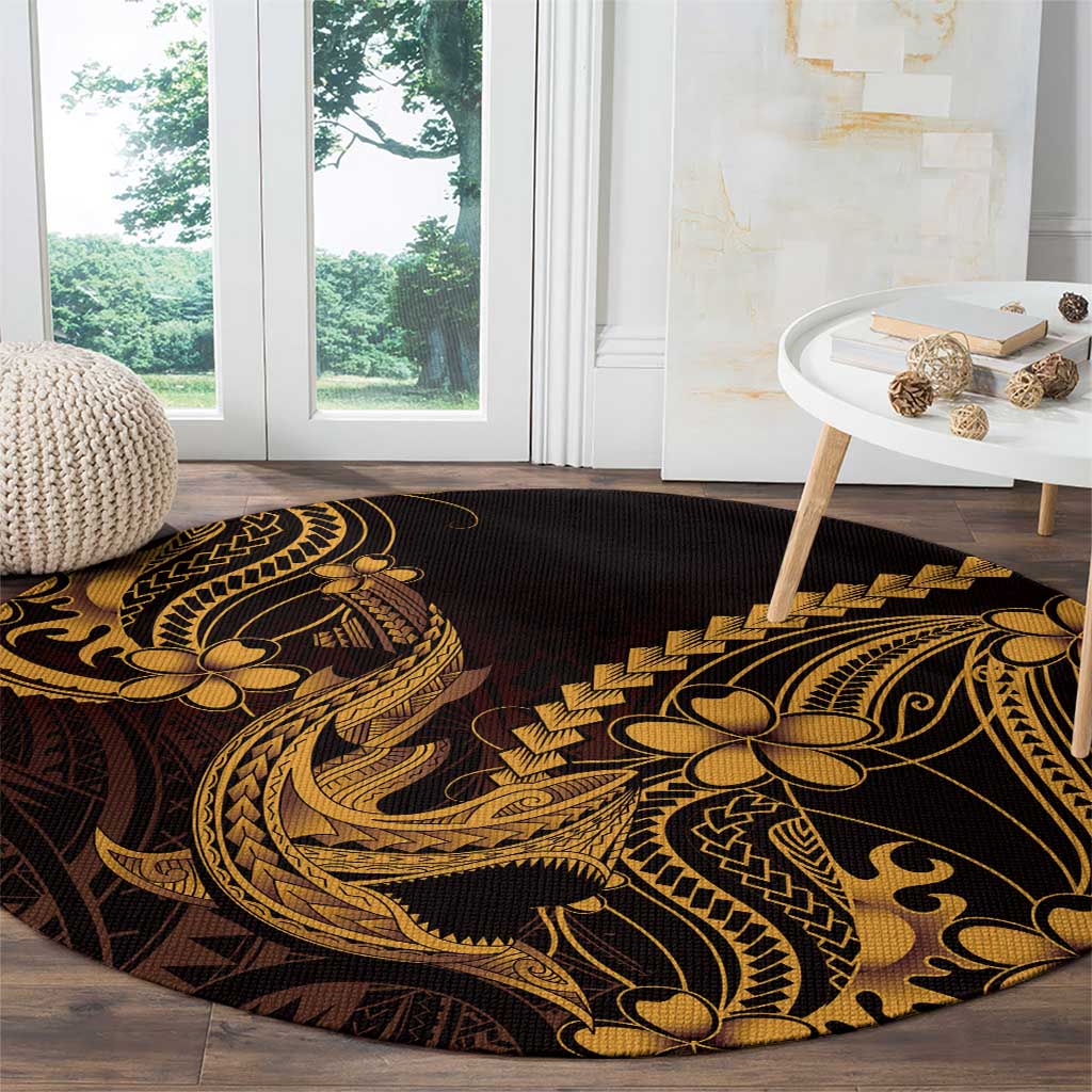 Gold Black Aloha Hawaii Round Carpet Polynesian Shark Tattoo With Plumeria - Polynesian Pride