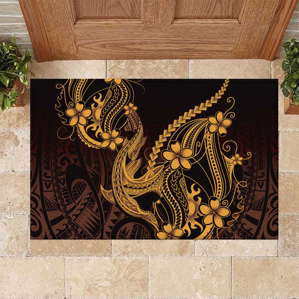Gold Black Aloha Hawaii Rubber Doormat Polynesian Shark Tattoo With Plumeria - Polynesian Pride