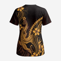 Gold Black Aloha Hawaii Scrub Top Polynesian Shark Tattoo With Plumeria - Polynesian Pride