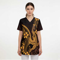Gold Black Aloha Hawaii Scrub Top Polynesian Shark Tattoo With Plumeria - Polynesian Pride