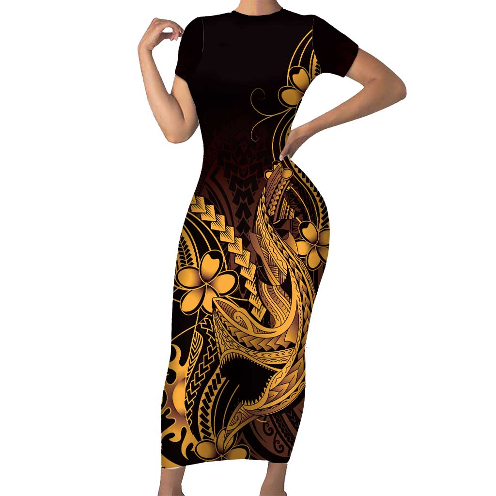 Gold Black Aloha Hawaii Short Sleeve Bodycon Dress Polynesian Shark Tattoo With Plumeria - Polynesian Pride
