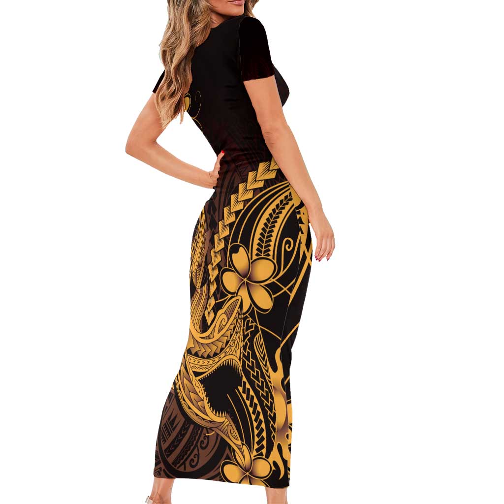 Gold Black Aloha Hawaii Short Sleeve Bodycon Dress Polynesian Shark Tattoo With Plumeria - Polynesian Pride