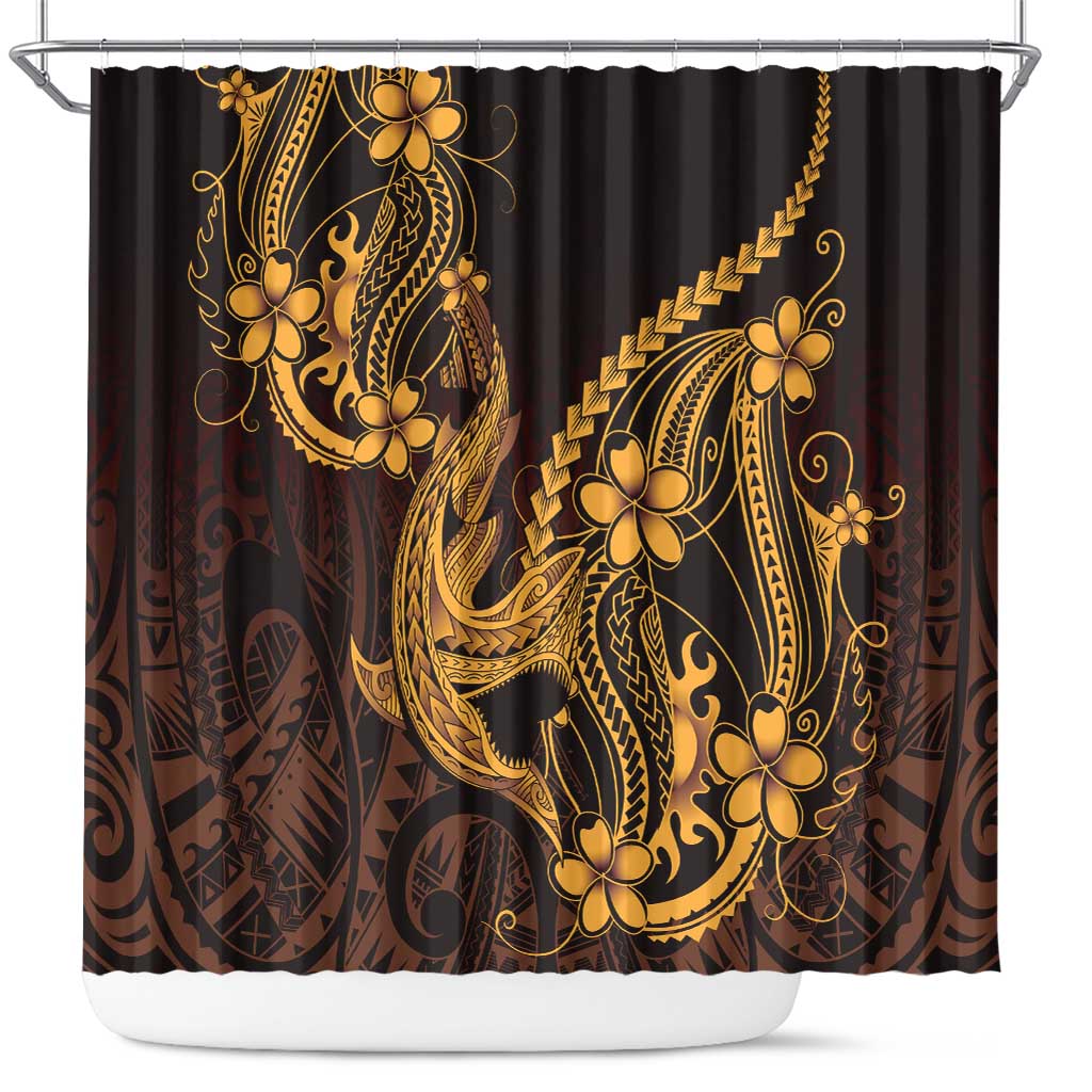 Gold Black Aloha Hawaii Shower Curtain Polynesian Shark Tattoo With Plumeria - Polynesian Pride