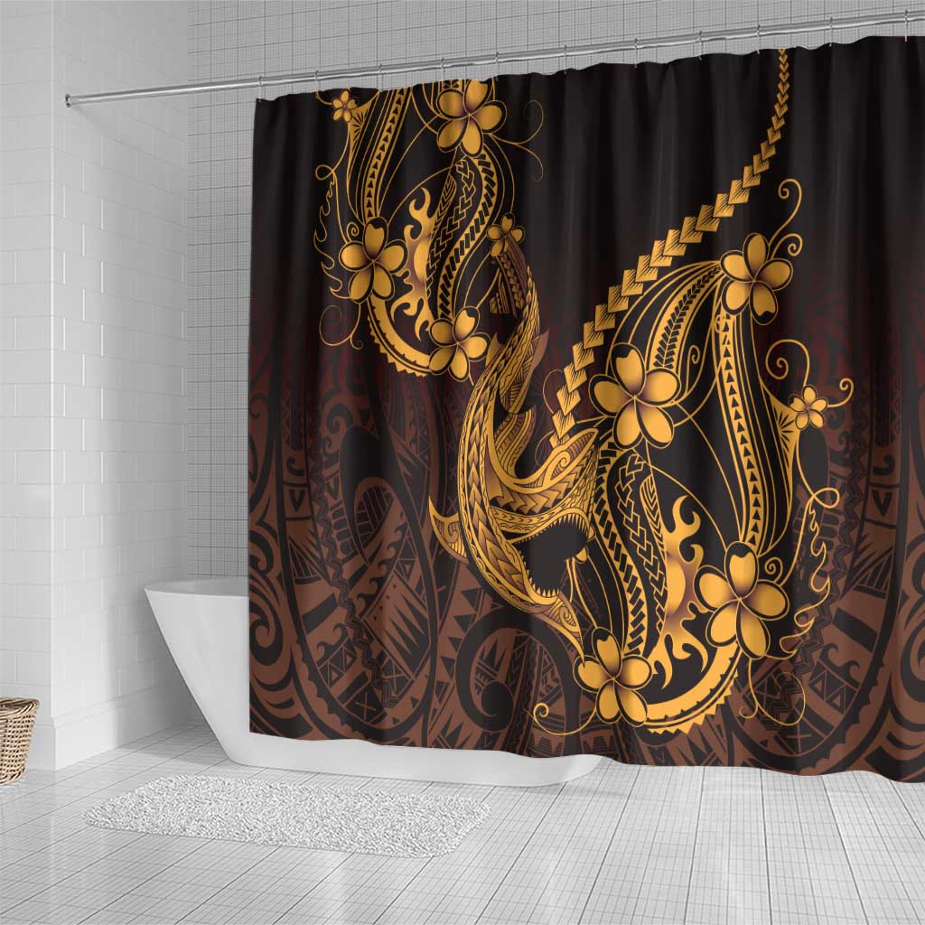 Gold Black Aloha Hawaii Shower Curtain Polynesian Shark Tattoo With Plumeria - Polynesian Pride
