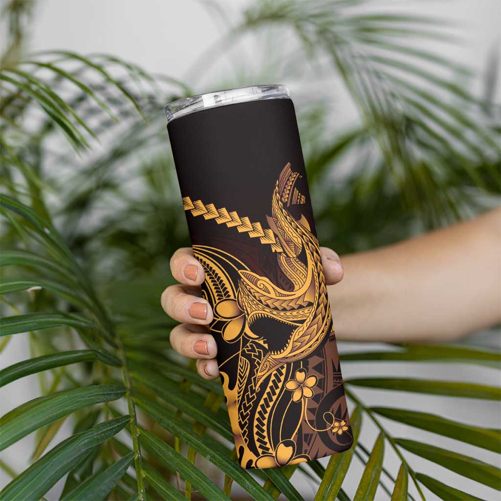 Gold Black Aloha Hawaii Skinny Tumbler Polynesian Shark Tattoo With Plumeria - Polynesian Pride