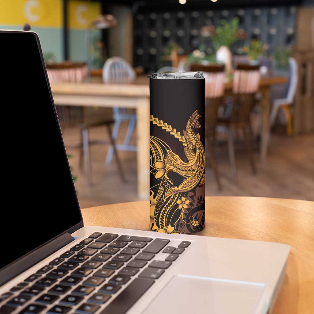 Gold Black Aloha Hawaii Skinny Tumbler Polynesian Shark Tattoo With Plumeria - Polynesian Pride