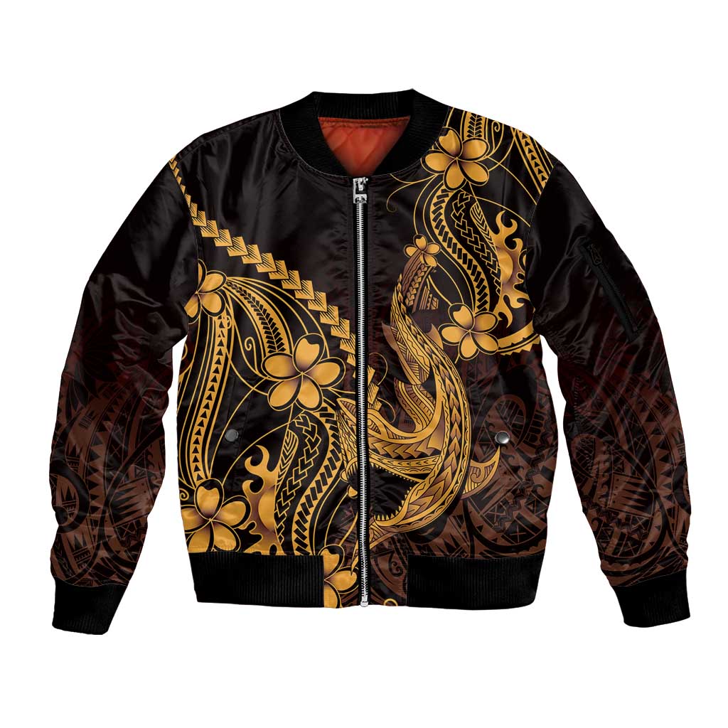 Gold Black Aloha Hawaii Sleeve Zip Bomber Jacket Polynesian Shark Tattoo With Plumeria - Polynesian Pride