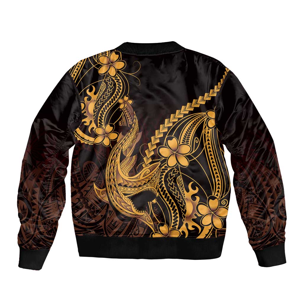 Gold Black Aloha Hawaii Sleeve Zip Bomber Jacket Polynesian Shark Tattoo With Plumeria - Polynesian Pride