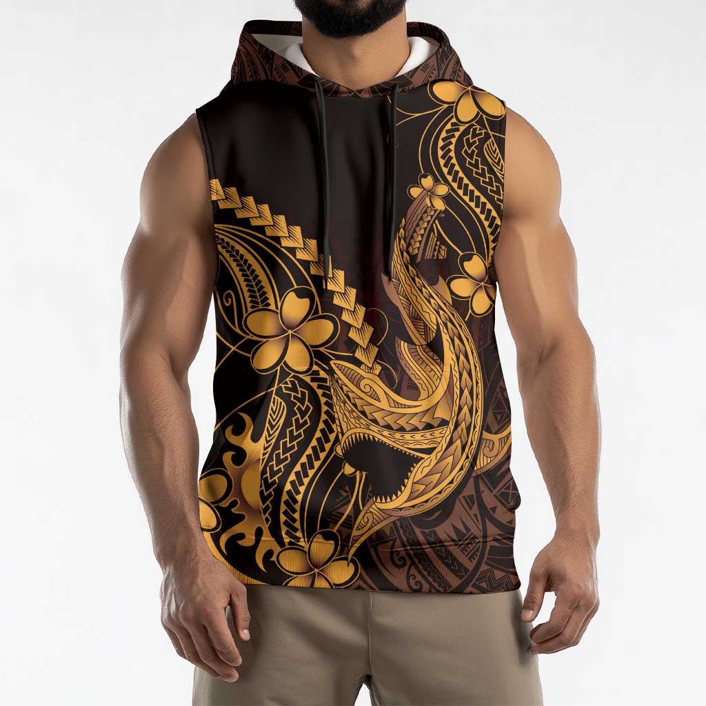 Gold Black Aloha Hawaii Sleeveless Hoodie Polynesian Shark Tattoo With Plumeria - Polynesian Pride